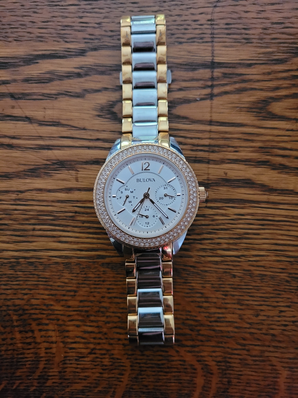 Bulova Women's Two-Tone Crystal Bezel Watch in White and Gold